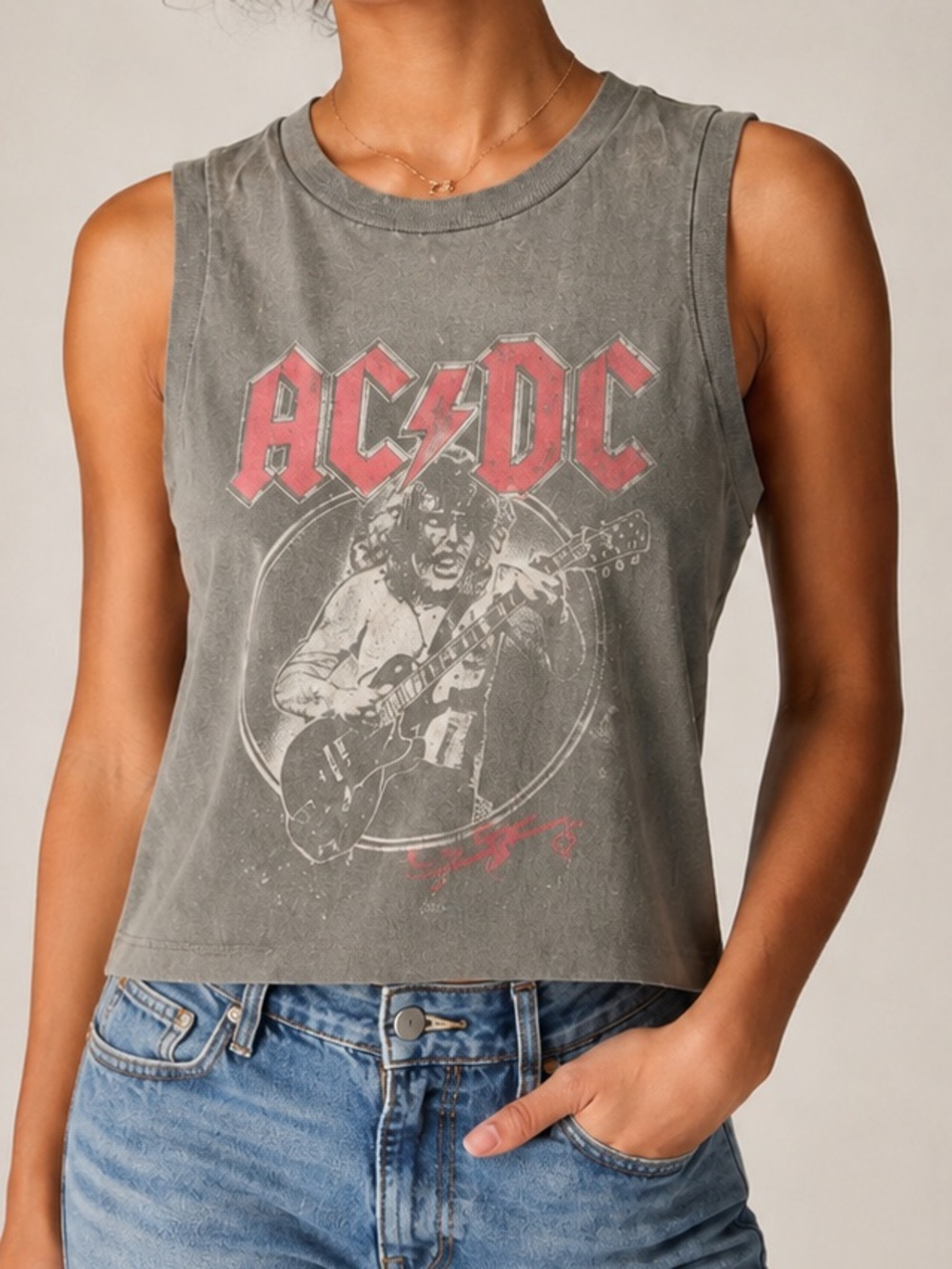 AC/DC Lucky Brand Women’s Small Gray Washed Graphic Tank Top Logo